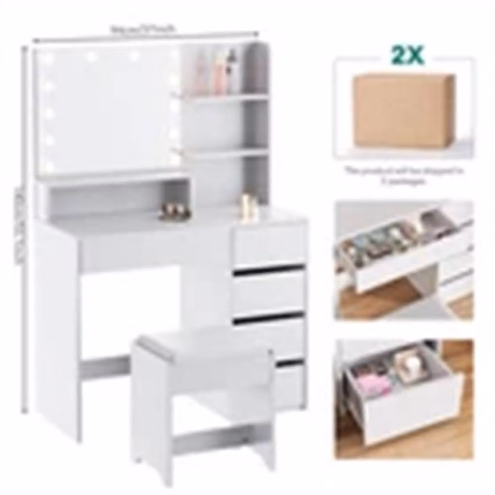 Nordara Modern Hollywood LED Dressing Table Vanity Makeup Desk Set in White, Width: 100 cm – 2