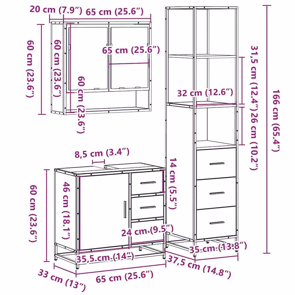 Berkfield Home 3 Piece Industrial Bathroom Furniture Set in Brown Smoked Oak with Mirror Cabinet, Vanity Unit and Tall Cabinet – 5
