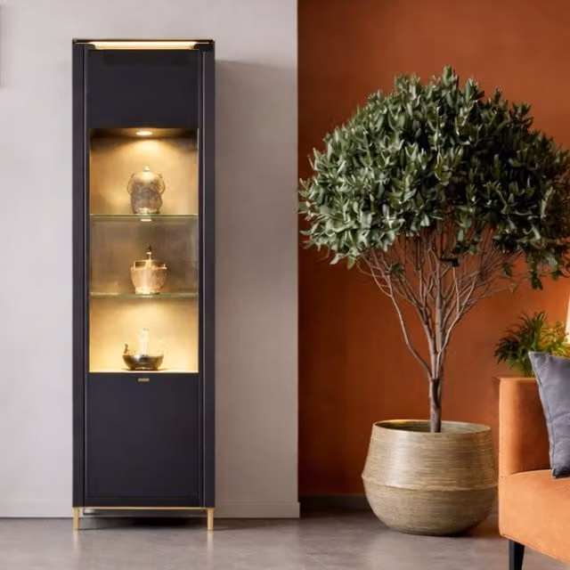 Furniture To Go Genoa Matt Finish Display Cabinet in Black and Gold with Glass Doors and Integrated Lighting