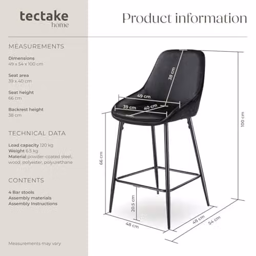 tectake Set of 4 Siera Bar Stools in Black Velvet Look with Slim Metal Legs – 3