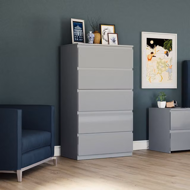 Vida Designs Glinton 5 Drawer Chest in Grey Glossy Finish