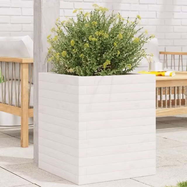 Berkfield Home White Solid Wood Pine Garden Planter Tub W: 40 cm, D: 40 cm, H: 46 cm