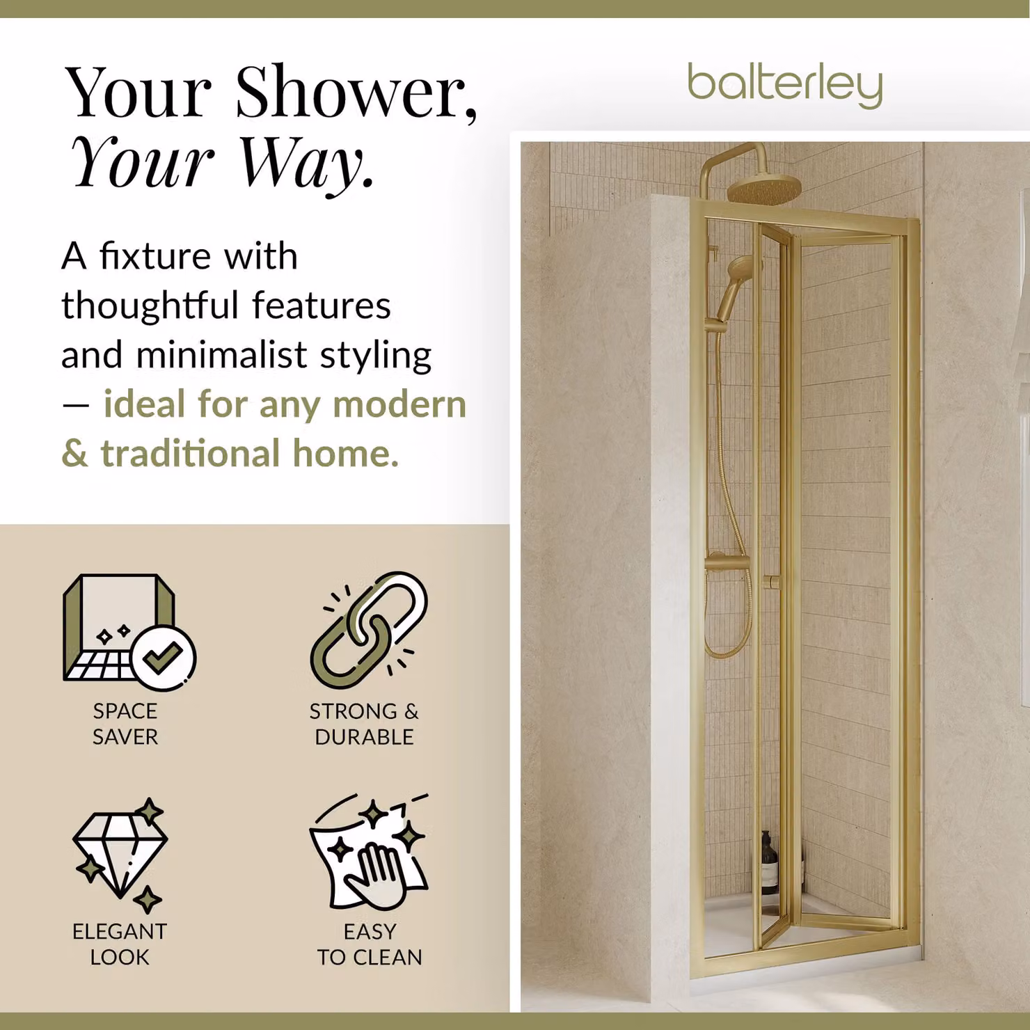 Balterley 4mm Glass Bi-Fold Shower Door, Brushed Brass, W: 70 cm, H: 190 cm – 2