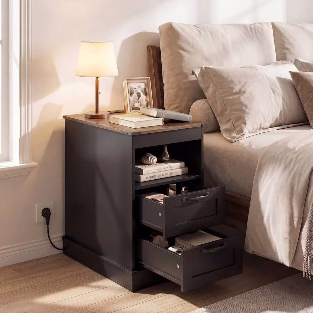 Havendro Rustic Wood Bedside End Table with Charging Grommet in Black and Multicolour – 4