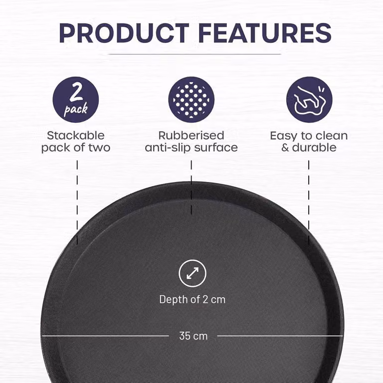 Volila Black Round Non-Slip Tray, Diameter: 35 cm, 2 Pack