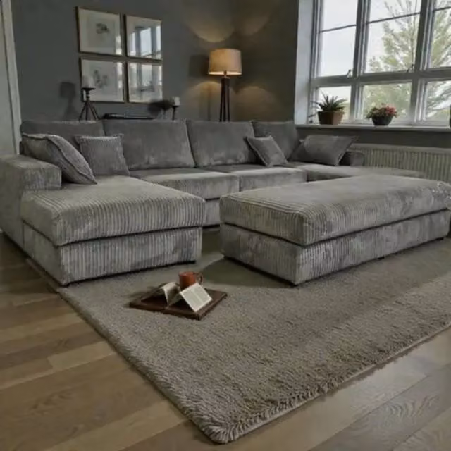 Snug Furniture Birmingham Ltd Large Double Corner Sofa with Matching Ottoman in Grey Jumbo Cord