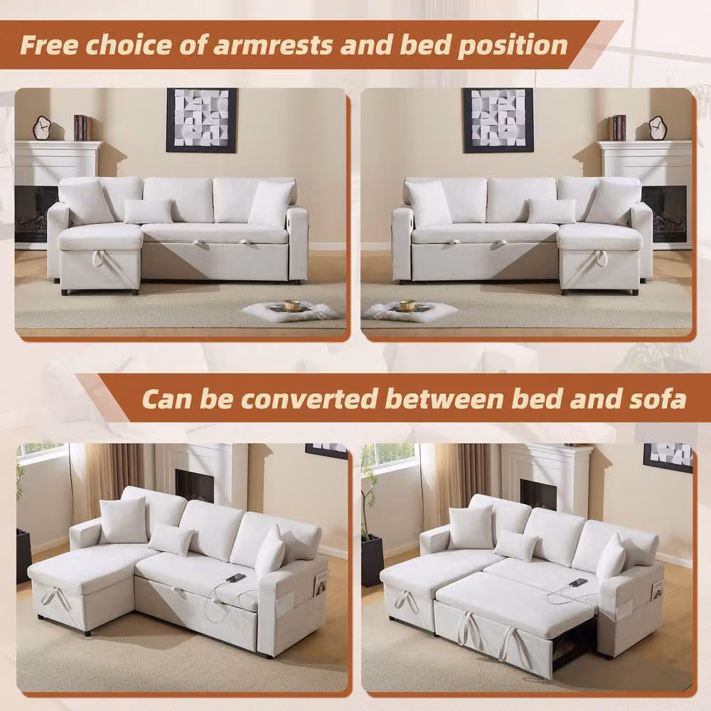Tokpiedi 3 Seater L-Shaped Reversible Sectional Sofa Bed with USB Charging and Side Shelf in Beige Fabric – 4