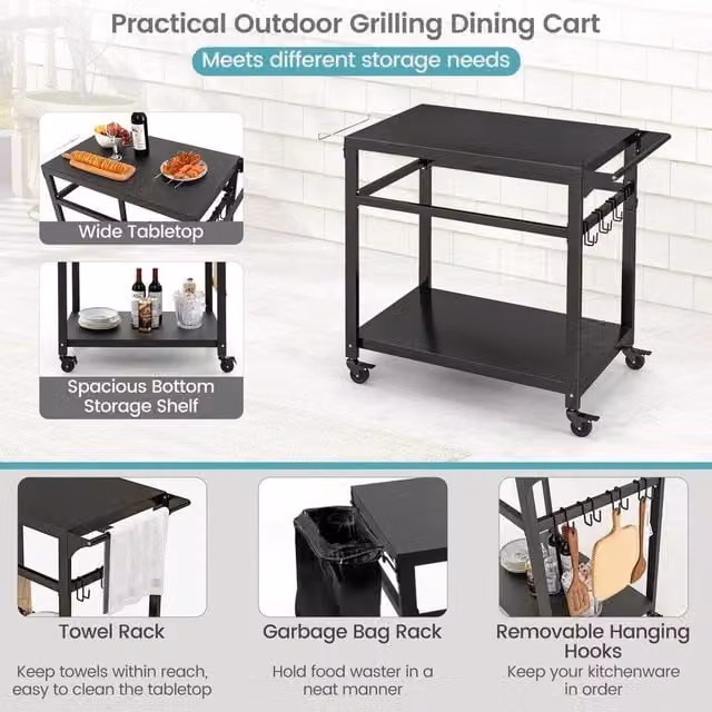 Havendro Portable BBQ Dining Prep Trolley Cart in Matt Black Metal with Lockable Wheels – 1