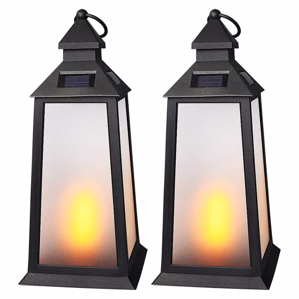 Bright Zeal 2 Pack Black Solar LED Lanterns with Flickering Flame, Height: 35.56 cm – 7