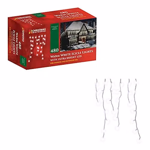 The Christmas Workshop Warm White Icicle LED Christmas Lights, Mains Powered with 8 Functions for Indoor or Outdoor Use, 480 LEDs – 1