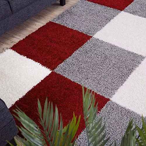 THE RUGS Modern Checked High Pile Shaggy Area Rug in Red and Grey, W: 160 cm, D: 230 cm – 6