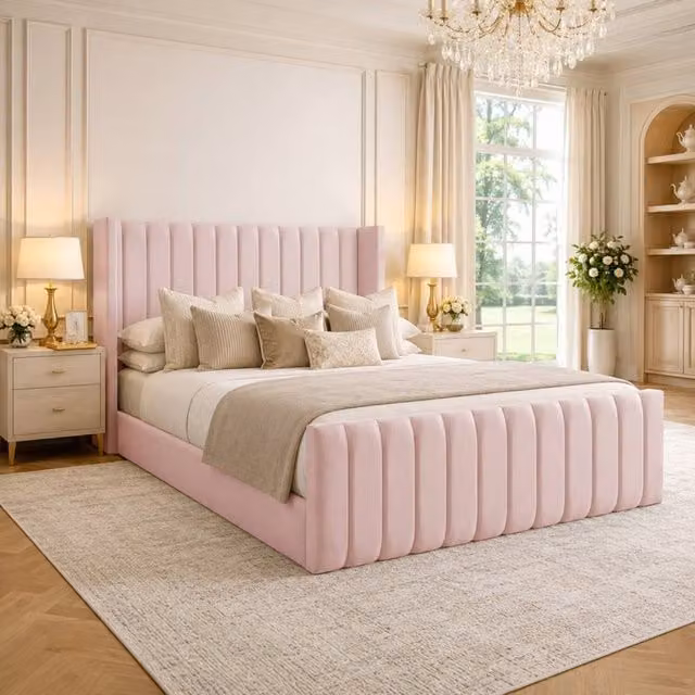 Desire Deco Pink Plush Velvet Wingback Edward Panel Bed Frame, Super King