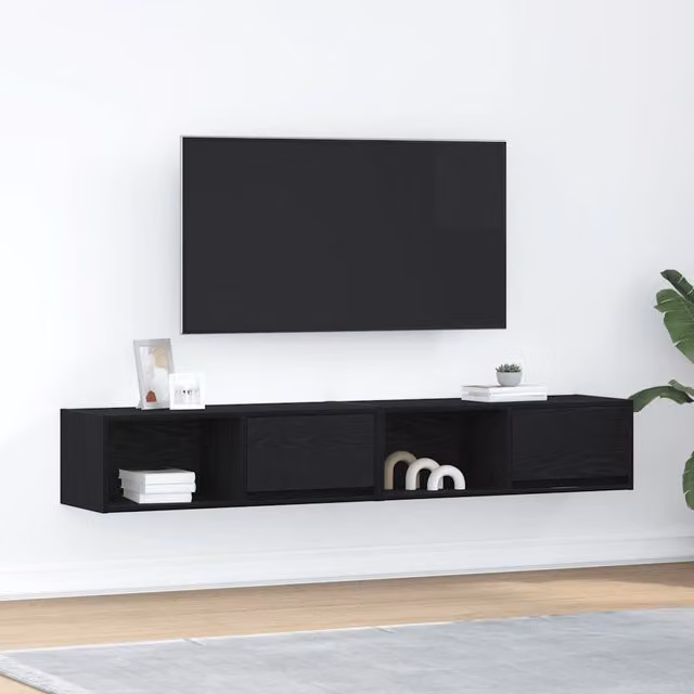 Berkfield Home Set of 2 Modern Black Oak TV Cabinets, W/D/H: 80 x 31 x 25.5 cm