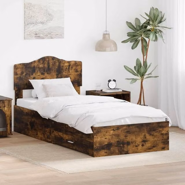Berkfield Home Smoked Oak Bed Frame with Headboard in Brown, W/D/H: 70 x 190 cm