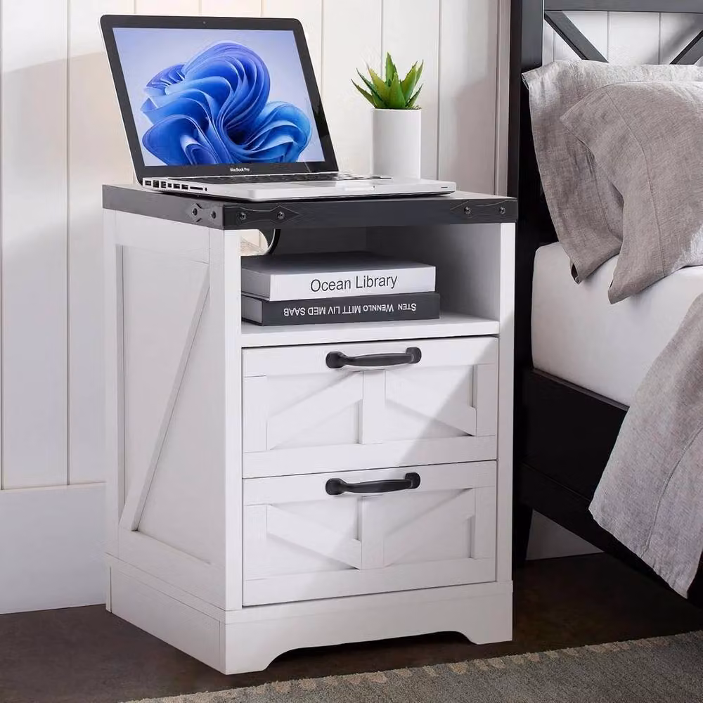VOGREX White Farmhouse Bedside Table with 2 Drawers and USB Charging Port – 4
