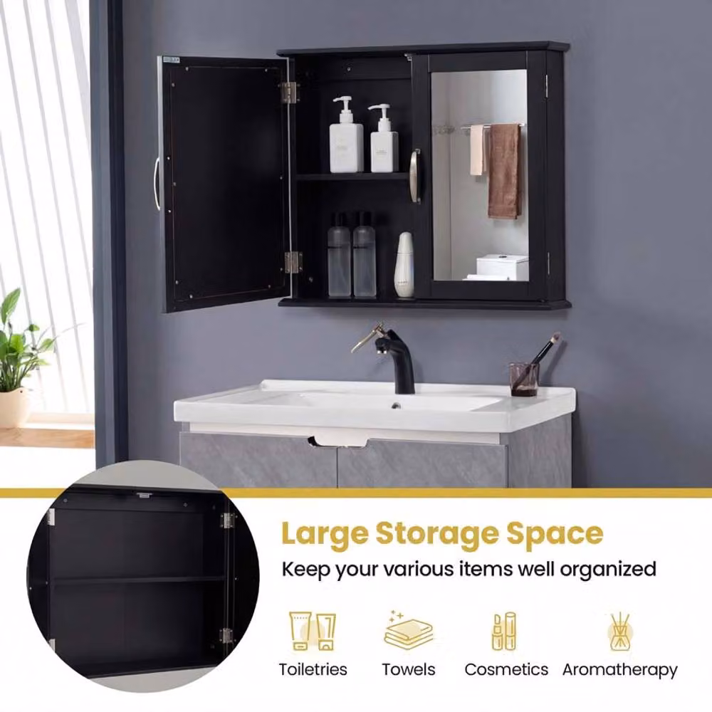 Gymax Modern Black Wall-Mounted Medicine Cabinet with Mirrored Double Hinged Doors – 8