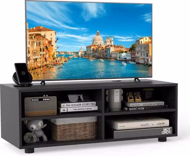 Gymax Modern Black Entertainment Center TV Stand with 4 Compartments, Width: 90 cm
