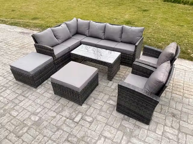 Fimous Rattan Garden Furniture Set in Dark Grey with High Back Corner Sofa, Oblong Coffee Table, 2 Armchairs and 2 Footstools