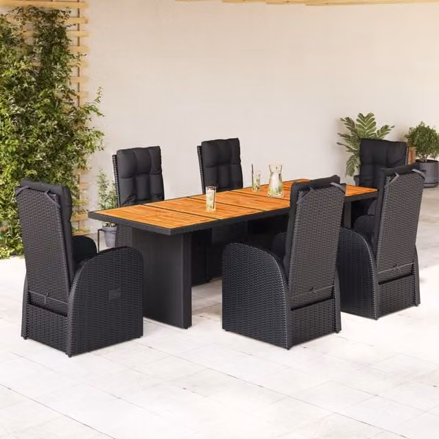 Berkfield Home 7 Piece Black Poly Rattan Garden Dining Set with Acacia Wood Details and Cushions