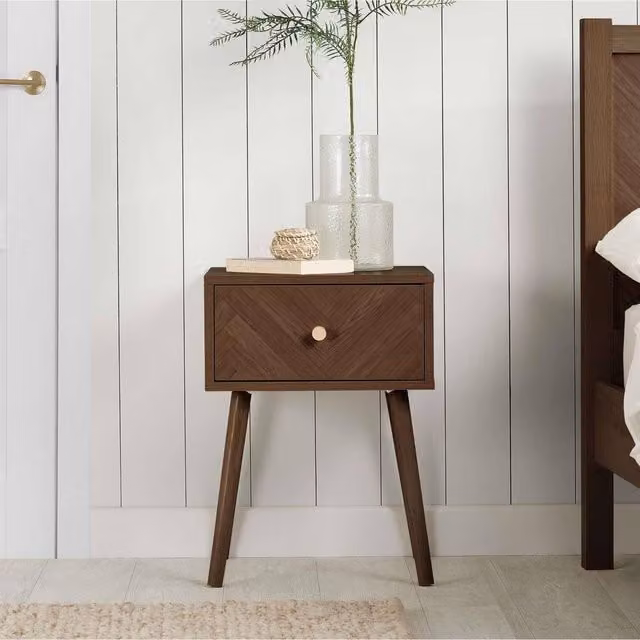 Birlea Herringford 1 Drawer Bedside Table in Brown Walnut with Geometric Chevron Parquet Design – 1