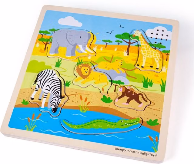 Bigjigs Toys Safari Sound Wooden Knob Inset Puzzle, Multicoloured