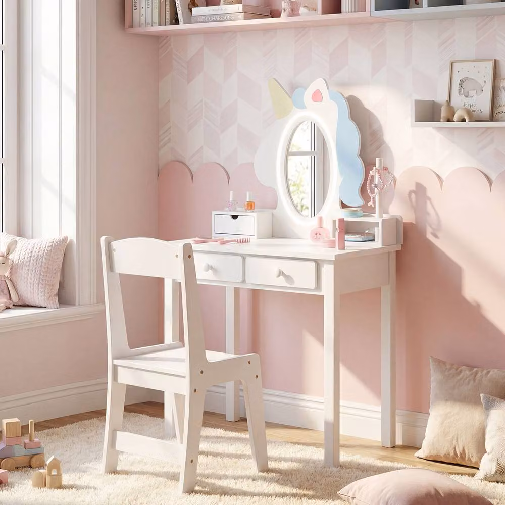 CASART Kids Vanity Set with Lighted Unicorn Mirror 2-in-1 Toddler Makeup Desk in White – 2