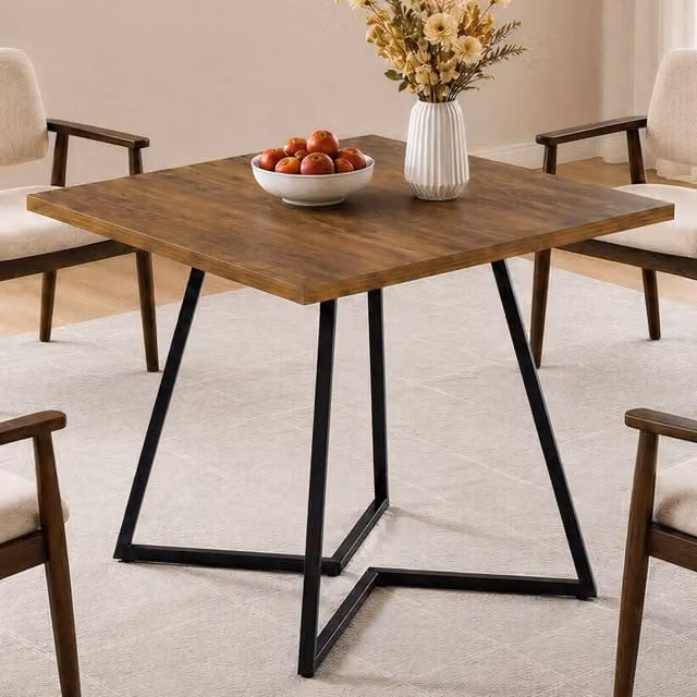 Levede Square Dining Table in Walnut Brown with Black Metal Frame, W/D/H: 80 x 80 x 75 cm