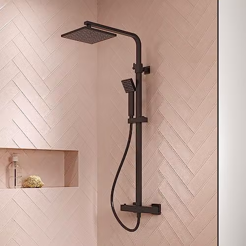 Nuie JTY486 Modern Matt Black Square Thermostatic Bar Shower Set with Overhead and Hand Shower – 2