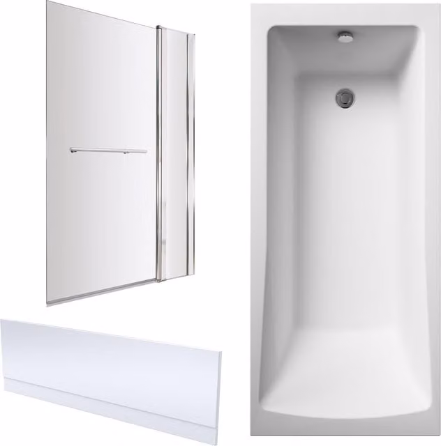 Balterley Square Bath Set with Apron and Fixed Glass Screen, White with Chrome Finish, W/D/H: 170 x 70 x 3 cm