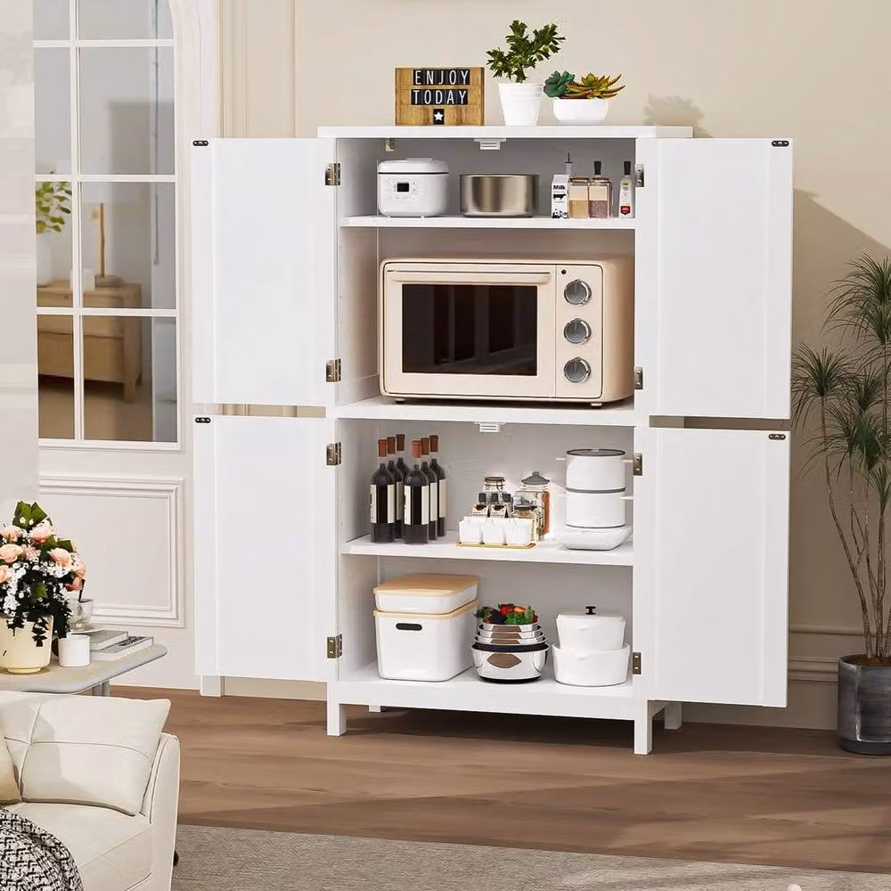 KORVIXA Freestanding Tall Kitchen Pantry Storage Cabinet in White with 4 Hinged Doors, W: 70 cm, H: 75 cm – 2