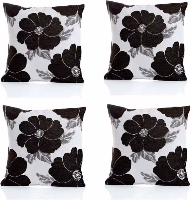 Luxor Living Poppy Chenille Cushion Set of 4 in Blue and Black, Floral Design, W/D/H: 45 x 45 x 45 cm