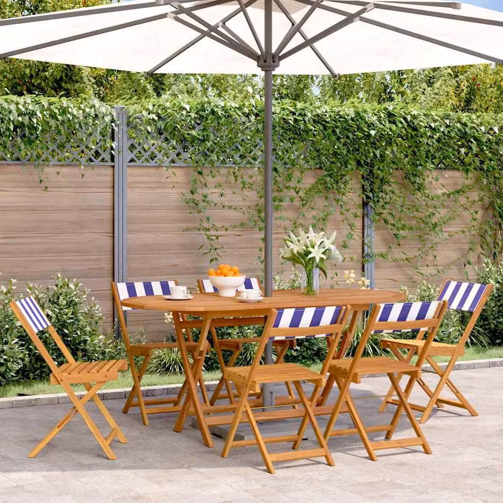 Berkfield Home Set of 6 Folding Garden Chairs in Blue and White Striped Fabric with Acacia Wood Frames – 2