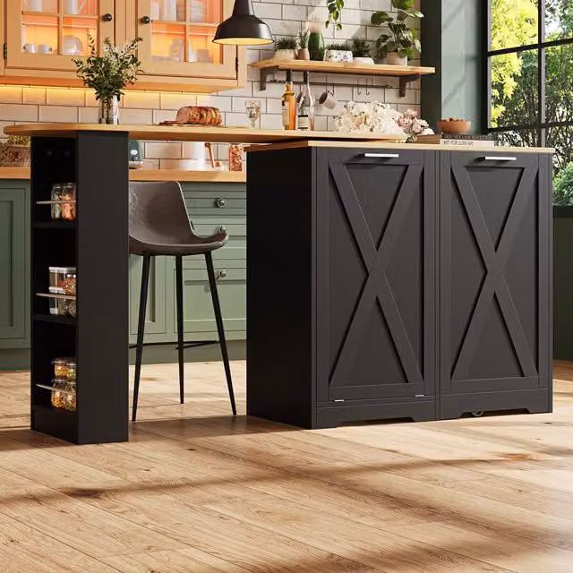 Aosom UK 360 Rotating Kitchen Island with Folding 3D Textured Doors and Side Shelves in Black, W: 138 cm, D: 38 cm, H: 105.5 cm – 1