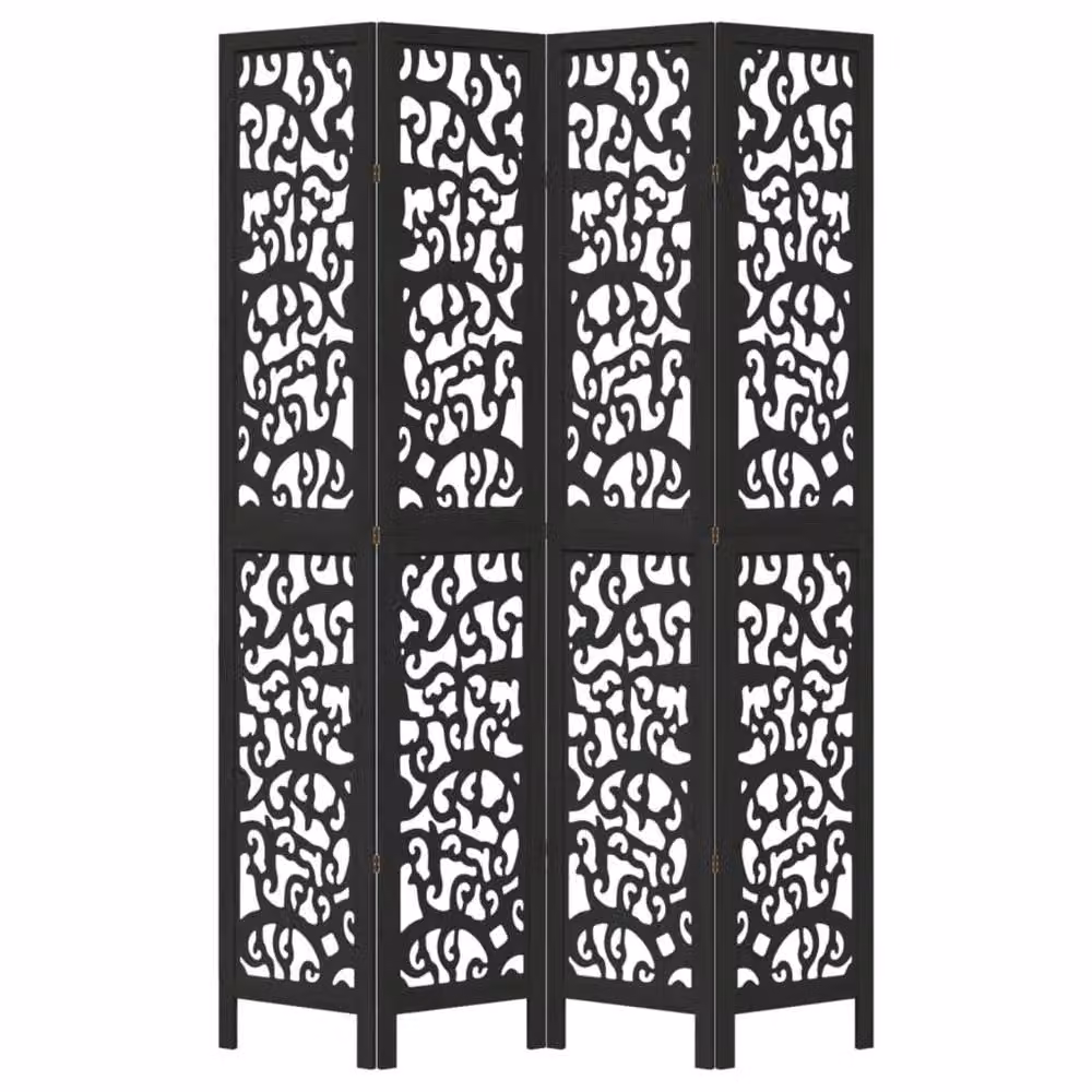 Berkfield Home 4-Panel Room Divider in Black Solid Paulownia Wood – 3
