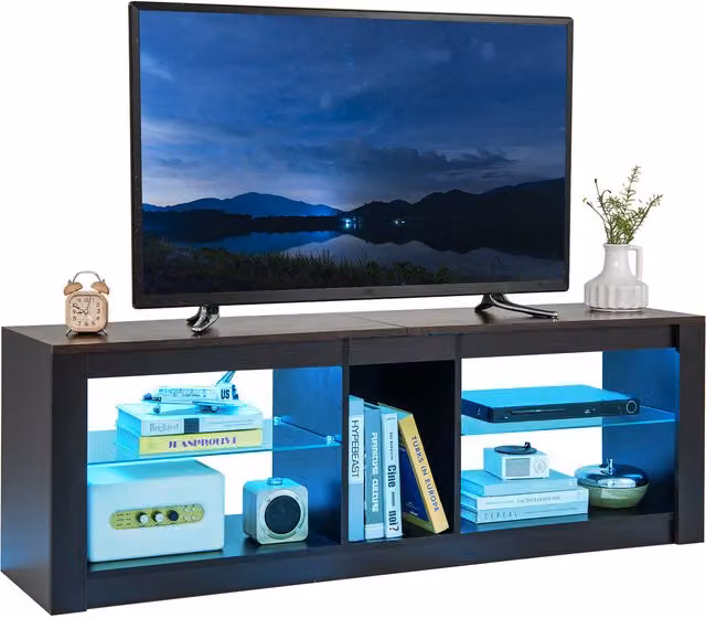 COSTWAY Modern Brown Glass TV Stand with LED Light