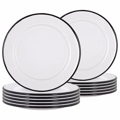 Argon Tableware Enamel Side Plates, Set of 12, Black and White, Diameter: 20 cm