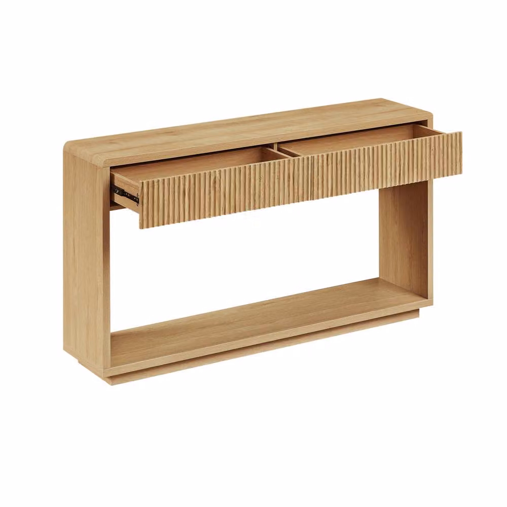 Matteo Modern Hall Storage Cabinet in Oak Effect with Fluted Detail and Open Shelving in Brown and Beige – 2
