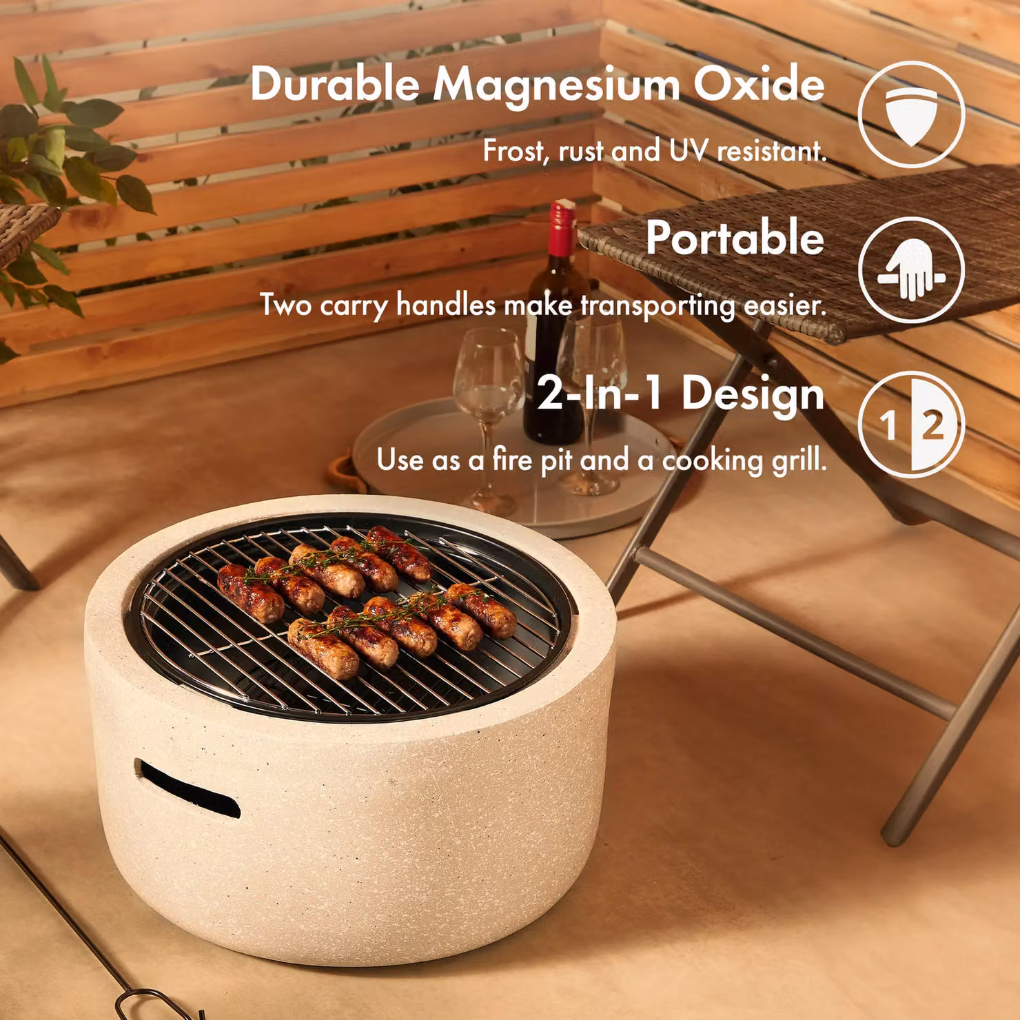 VonHaus Fire Pit with BBQ Cooking Grill and Charcoal Fire Bowl in Beige – 3