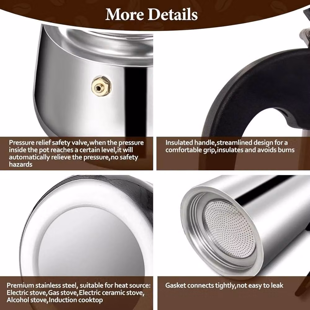 NESTLUNE Stainless Steel Moka Pot Stovetop Espresso Maker, Silver, 450ml – 4
