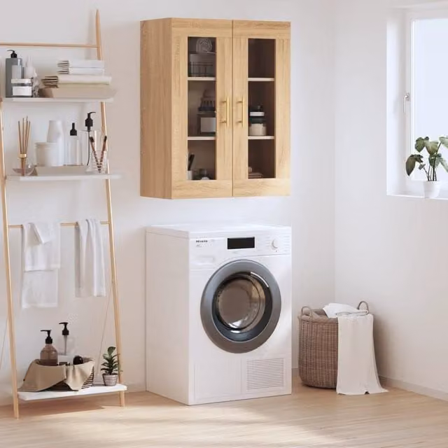 Berkfield Home Wall Mounted Sonoma Oak Cabinet in Brown with Glass Doors, W: 69.5 cm, D: 34 cm, H: 90 cm – 1