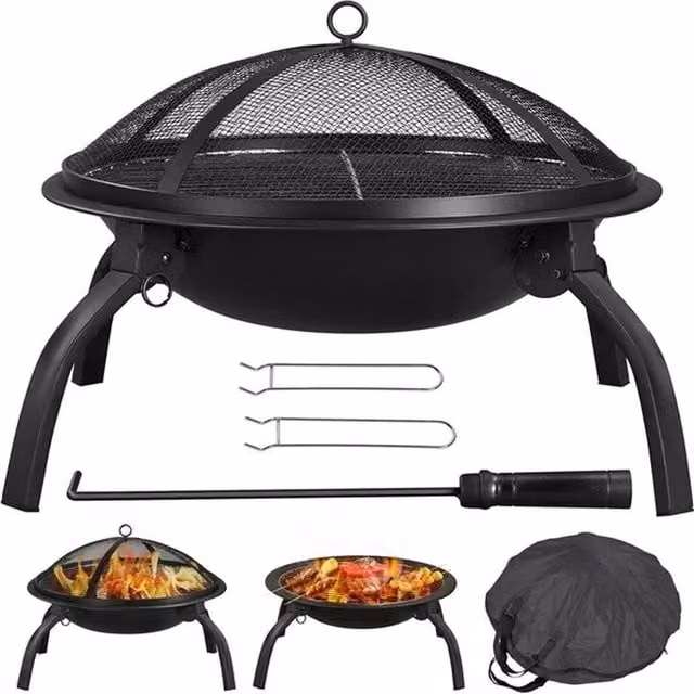 Kelvenix Black Metal Foldable Wood Burning Fire Pit Bowl W/D/H: 54.0 x 38.5 x 38.5 cm