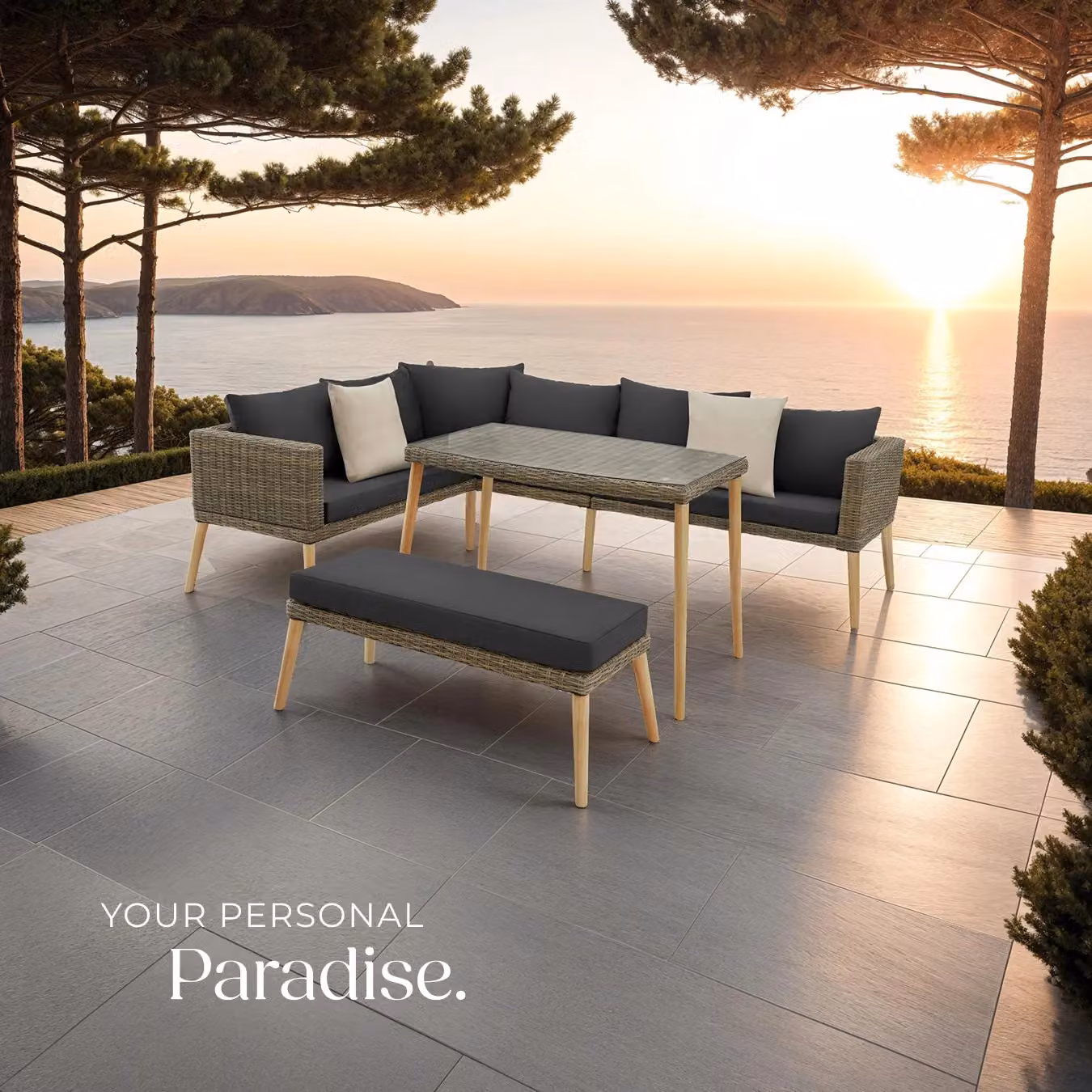 tectake Pula Rattan Lounge Set with Powder Coated Aluminium Frame and Upholstered Cushions in Sand, 4 Person – 7