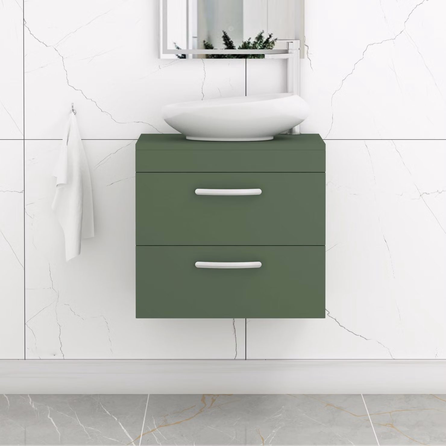 Royal Bathrooms Turin Wall Hung Vanity Unit with 2 Drawers and Nova Countertop Basin, Matt Green with Matt Black Handles, Width: 60 cm