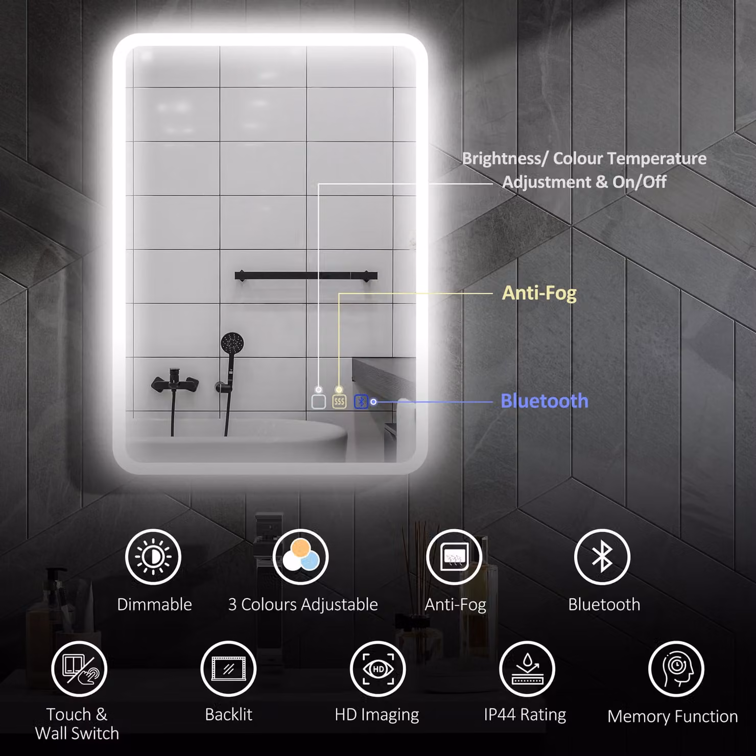 HOMCOM Backlit Illuminated Bluetooth Bathroom Mirror with LED Lights, Silver Tone, W: 50 cm, H: 70 cm – 4