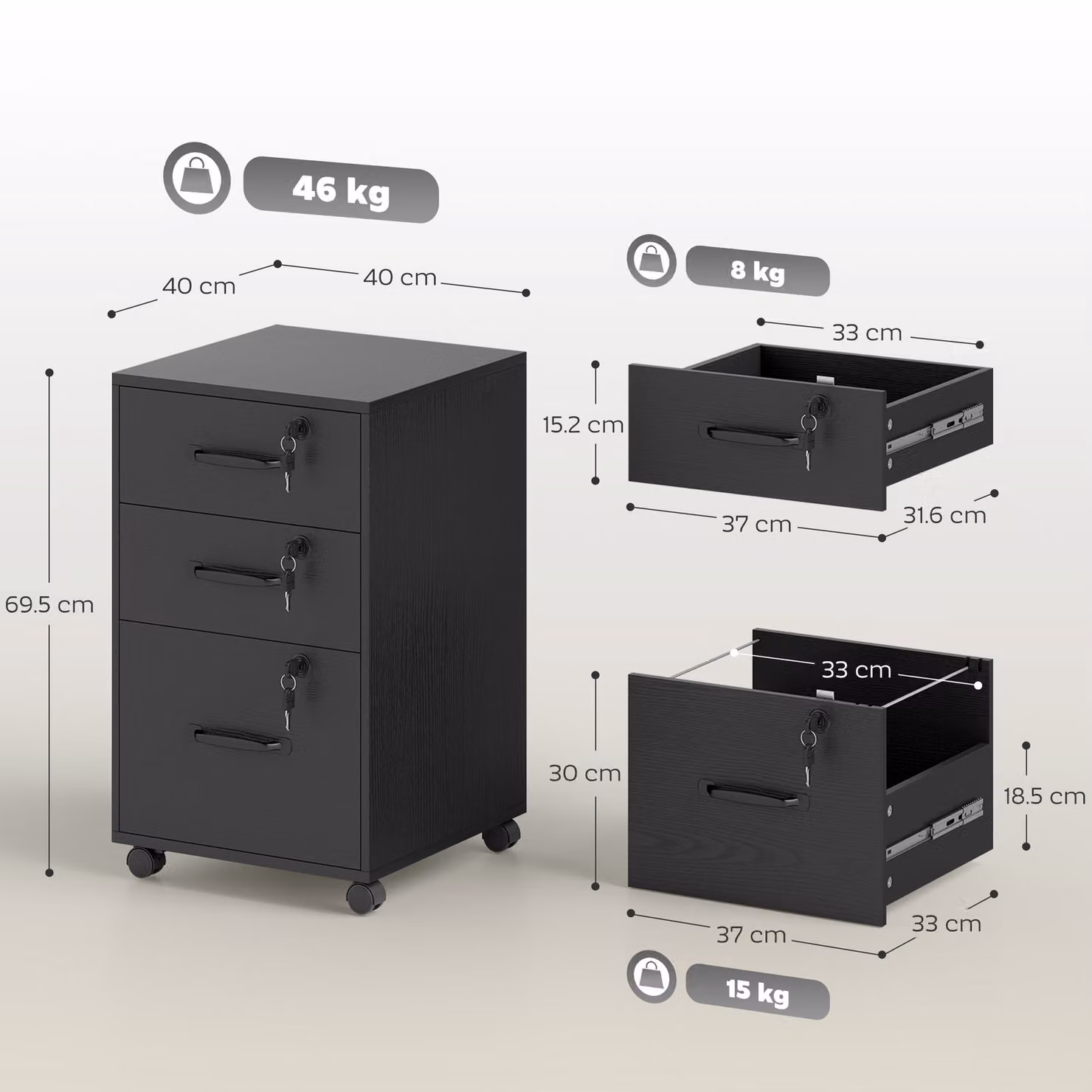 HOMCOM Three Drawer Black Wood-Effect Filing Cabinet with Castors – 3