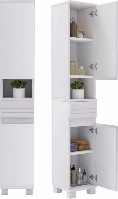 FORGEVIO White Freestanding Bathroom Tallboy Storage Cabinet with Internal Shelves and Drawers – 1