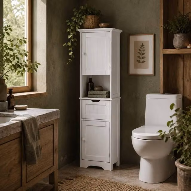 Wyld Haus Morale Slim White Freestanding Bathroom Storage Cabinet with Motion Sensor LED Lighting and Internal Shelves and Drawers H 170 x W 30 x D 2 cm – 1