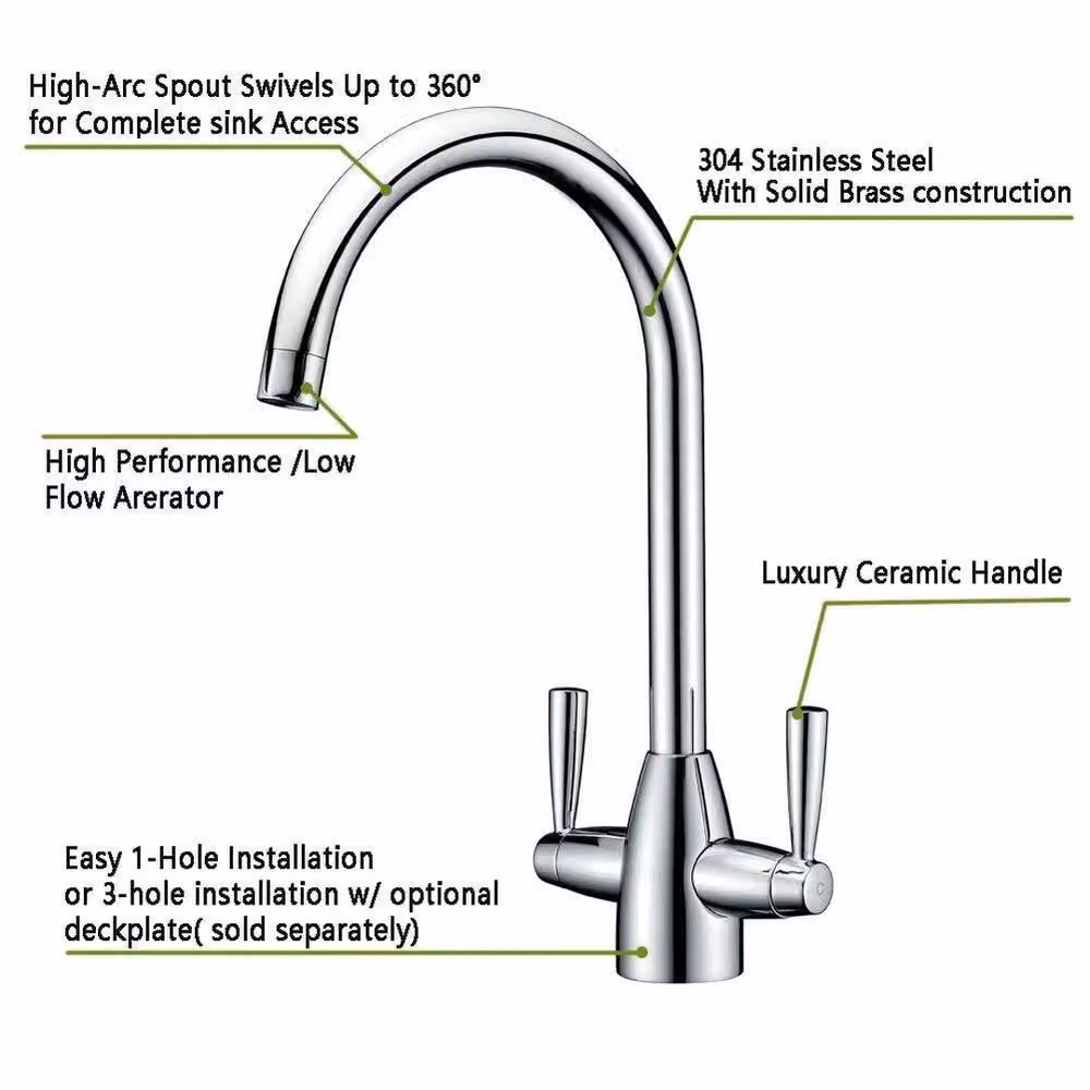 EONLION Silver Chrome Two-Handle Kitchen Sink Mixer Tap with Swivel Spout – 2