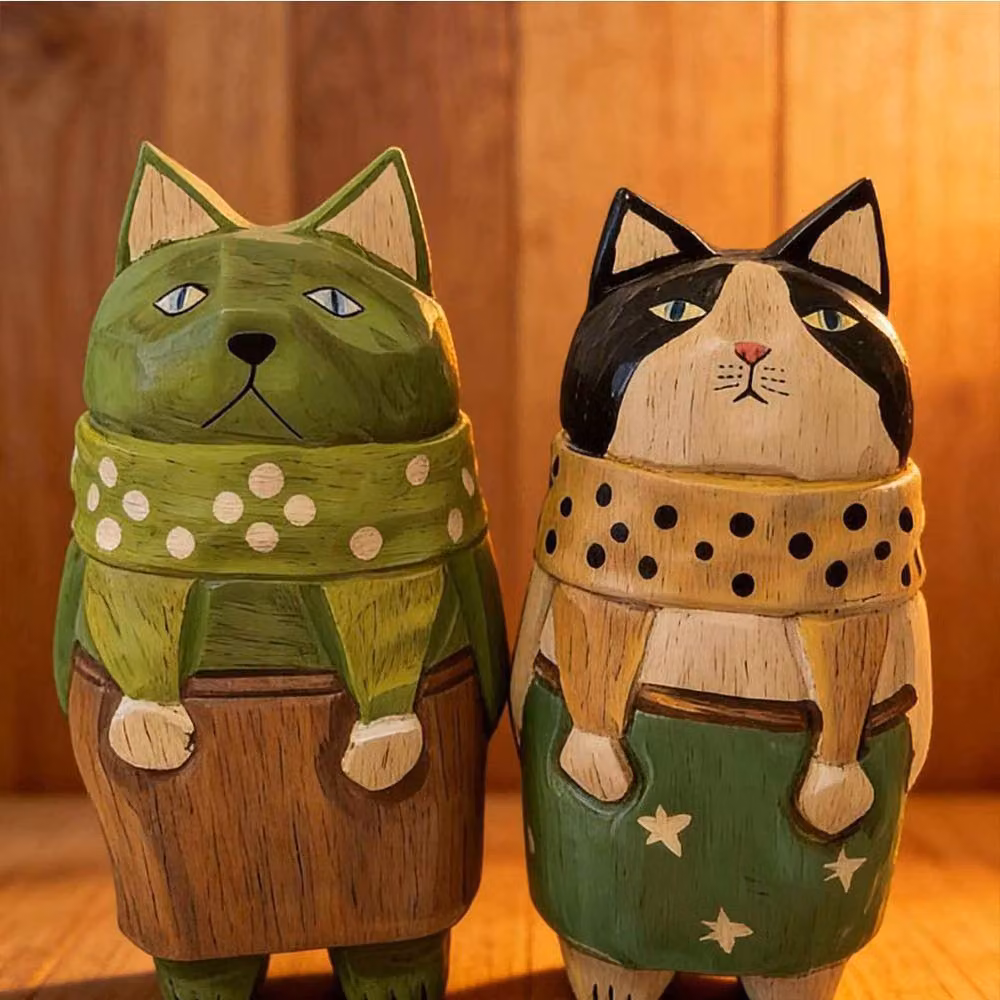 Quipulse Style 2 Hand-carved Multicolour Wooden Grumpy Cat Tabletop Ornament – 3
