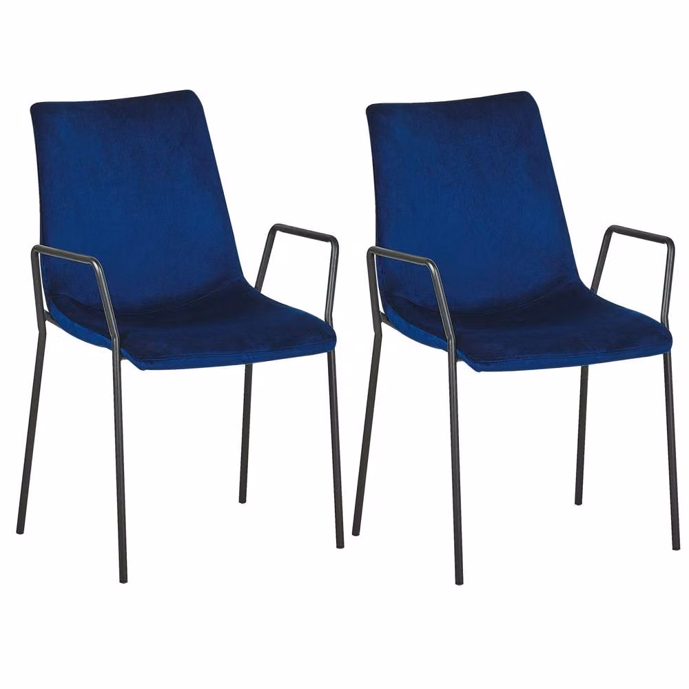 Wyld and Coco Set of 2 Dark Blue Velvet Dining Chairs with Armrests and Metal Legs – 2